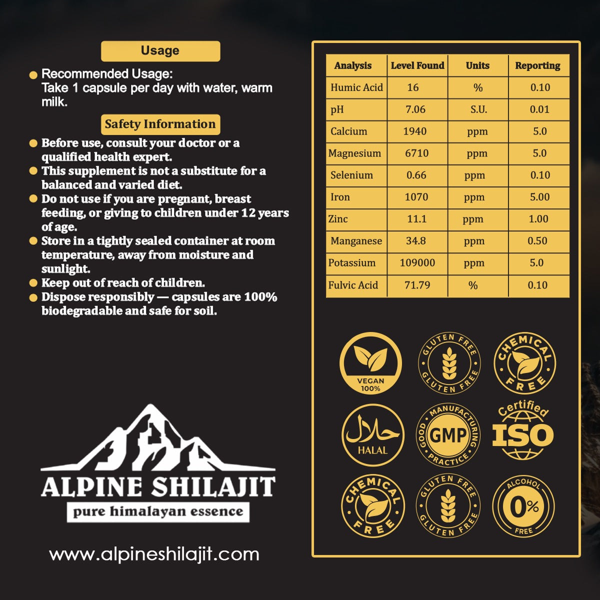 ALPINE GOLD GRADE SUN DRIED SHILAJIT CAPSULE 300MG 60 COUNT